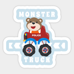 Cartoon vector of monster truck with little animal driver. Sticker